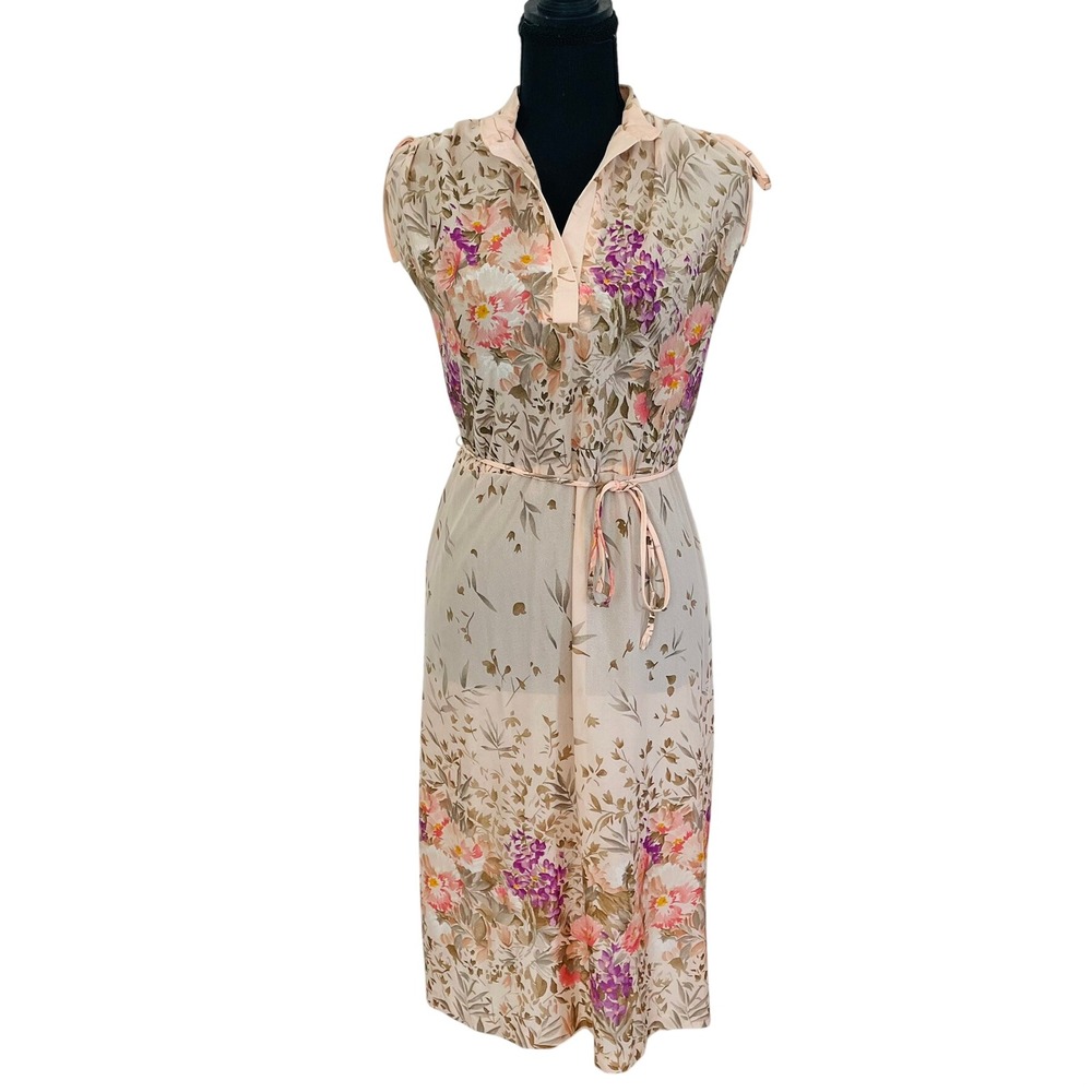 Vtg Sears Fashions Floral Dress Sheer Peach Cinch Shoulder Cottagecore Fairy S/M